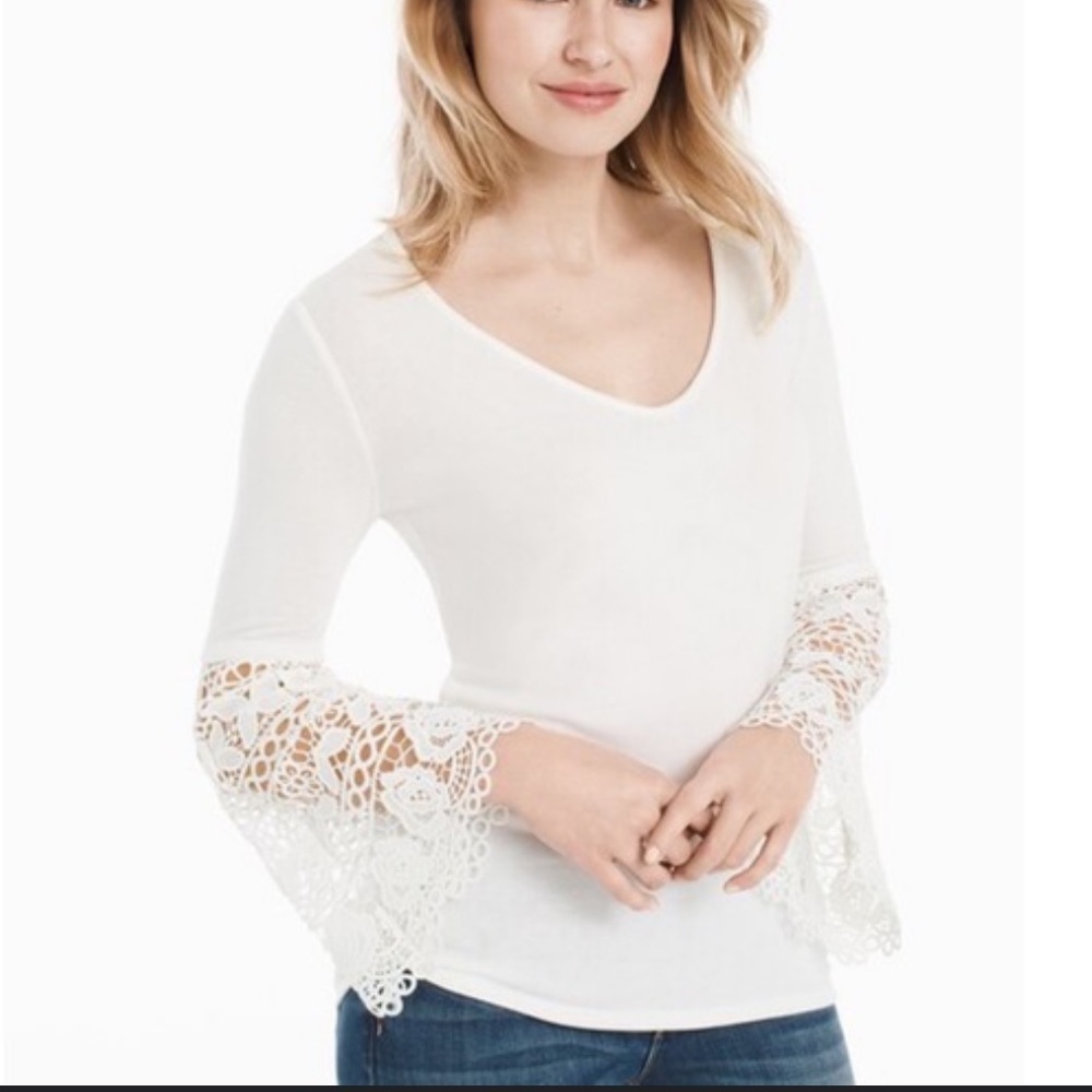 😍2/$20 White House Black Market Sz M Knit Crochet Bell Sleeve Sweater Ivory EUC